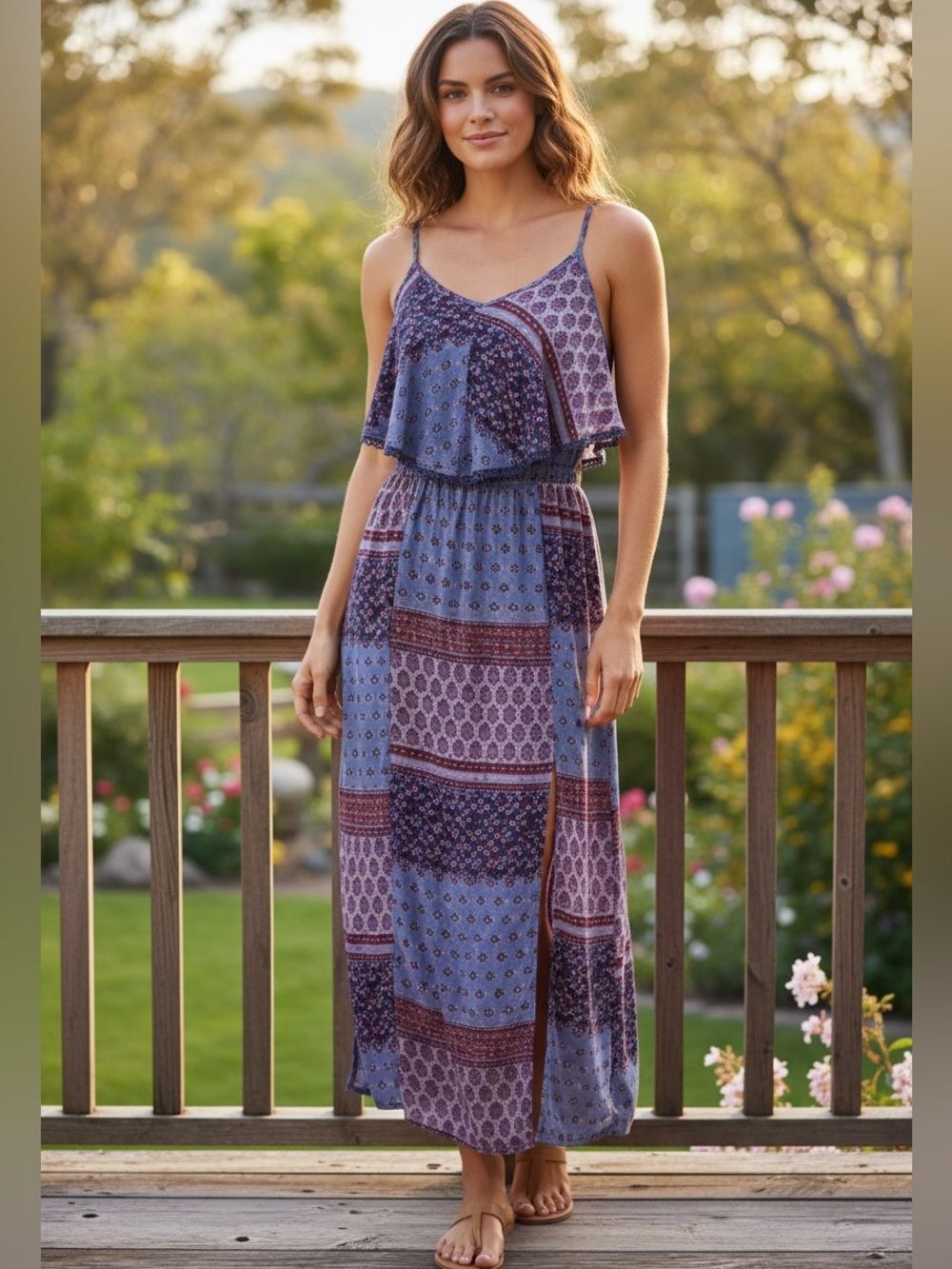 American Eagle Outfiters blue purple  floral
cut out back midi boho dress S